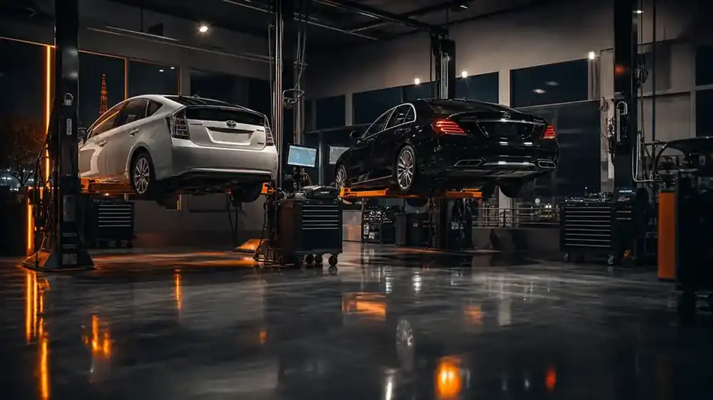 AR Hybrid workshop at night with a Toyota Prius and a Mercedes on lifts